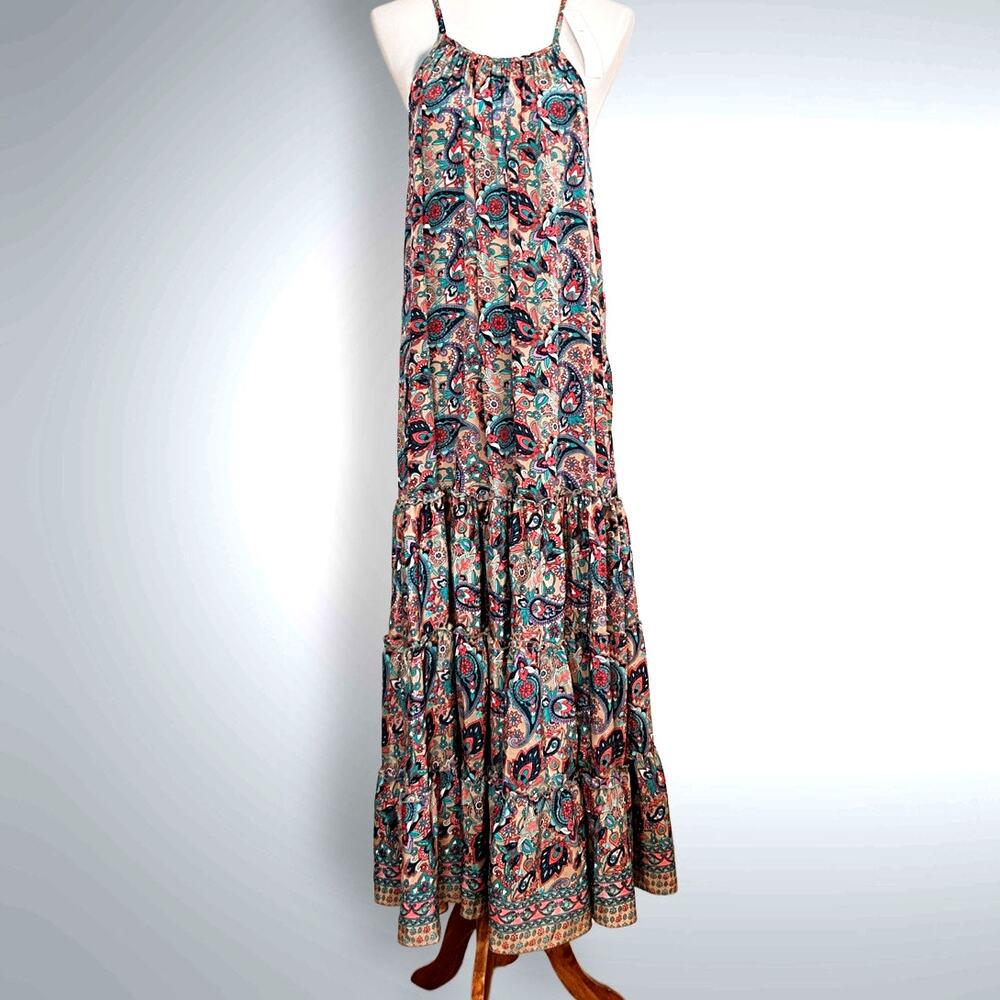 Boho Paisley Tiered Summer Maxi Dress – White Waves, Size Small/Medium